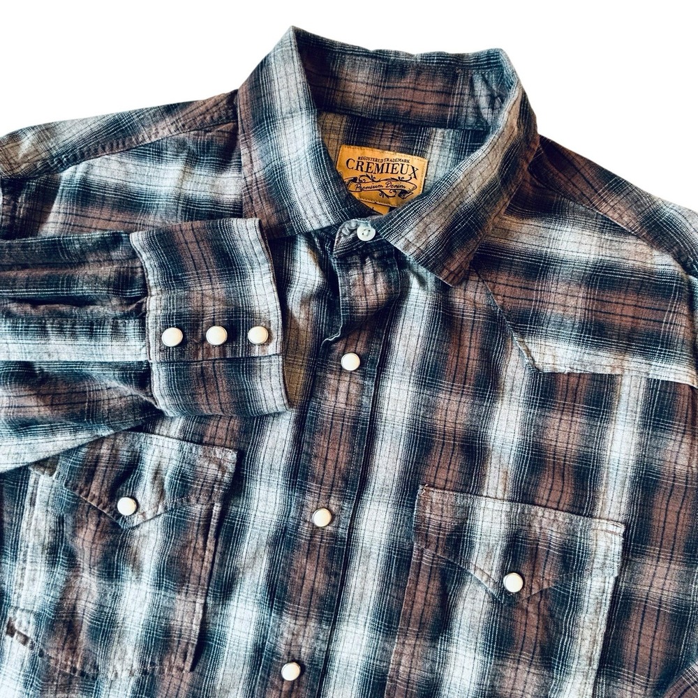 Cremieux Premium Denim Pearl Snap Western Shirt Mens Large Gray Brown Plaid NWT